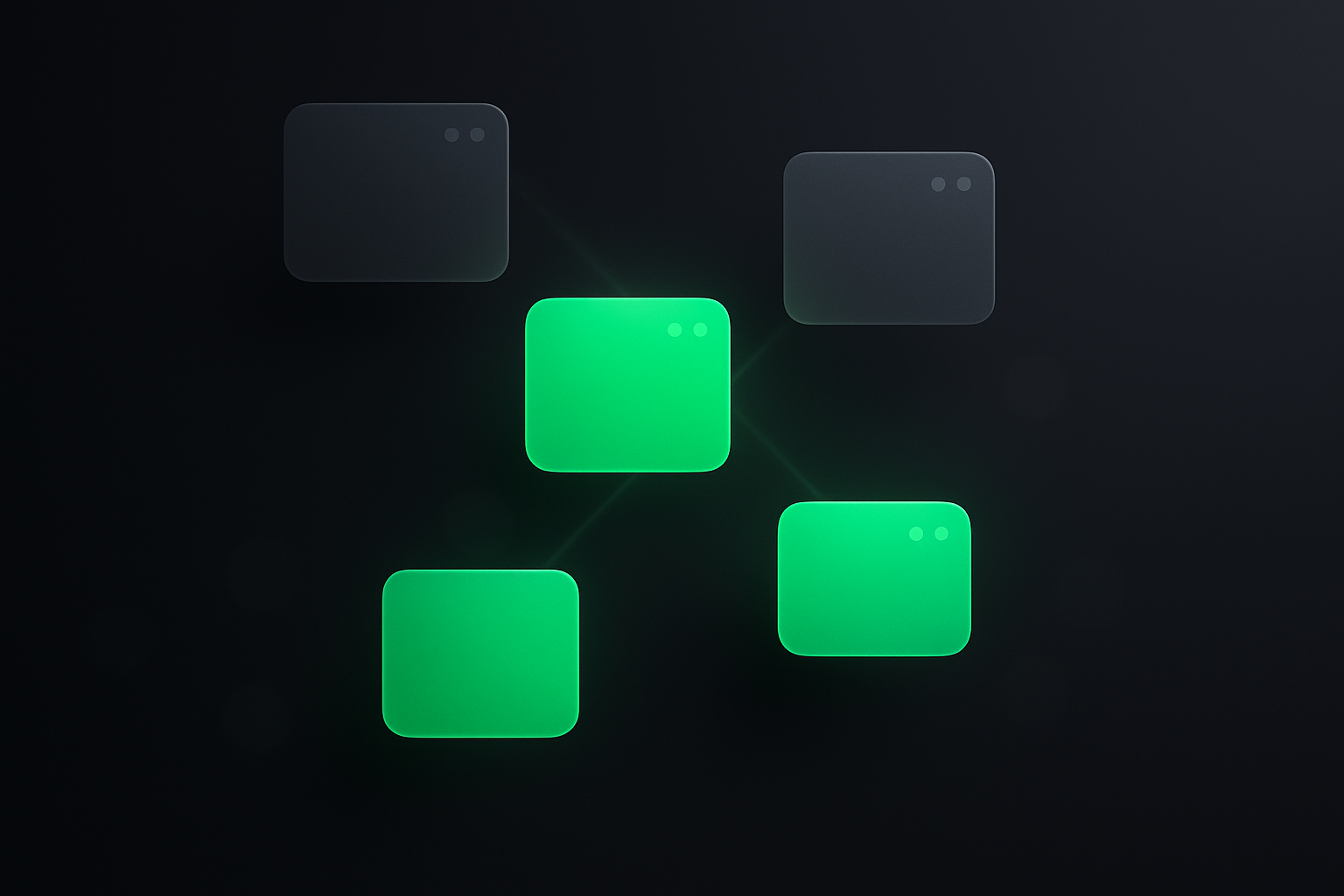 Five floating app windows on a dark charcoal background, three glowing green (shipped) and two dimmed (failed), connected by subtle light beams
